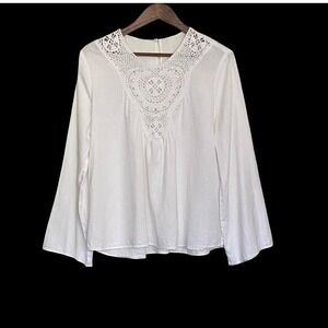 Zara Womens White Linen Blend Crochet Lace Yoke Bell Sleeve Boho Blouse Medium